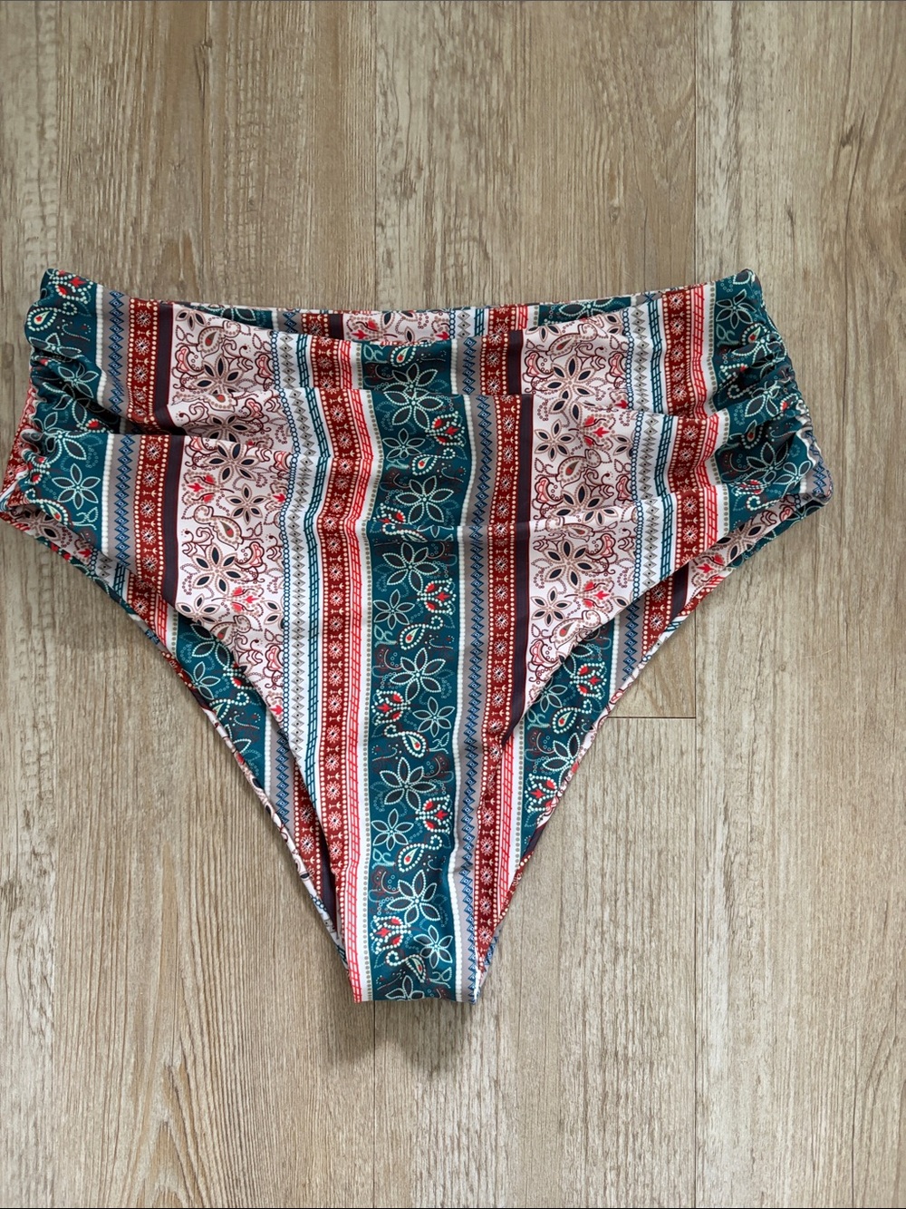 High-Waisted Striped Floral BoHo Bikini Bottoms - Teal & Rust Zaful